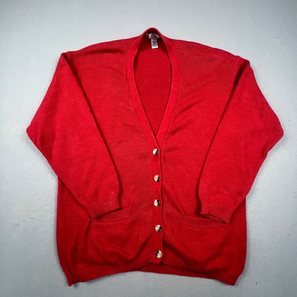 Cambridge Dry Goods Cardigan‎ Women Large Red Cotton Knit V-Neck Pockets Classic